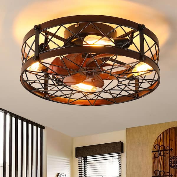 20 in. 4-Light indoor Wood Grain Farmhouse Caged Low Profile Ceiling Fan Flush Mount Remote Control with Bulbs Included