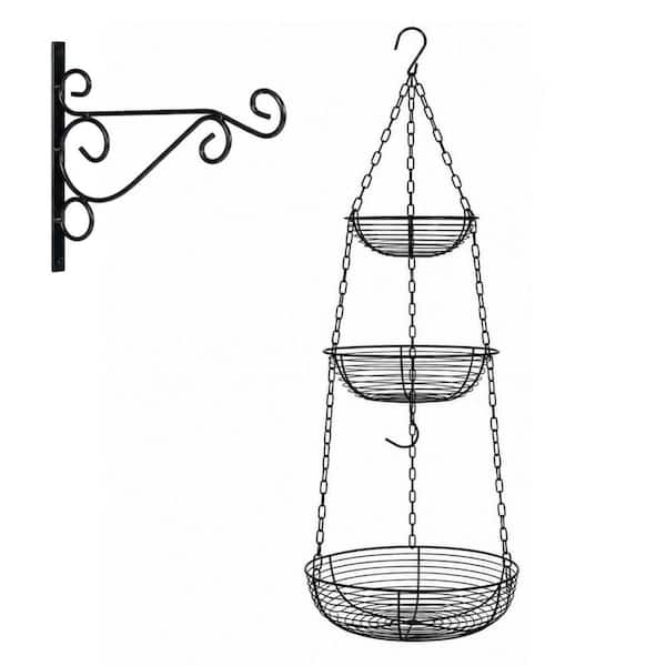 3-Tier 36 in. Wire Hanging Fruit Basket with Banana Hook and Installation Bracket for Kitchen