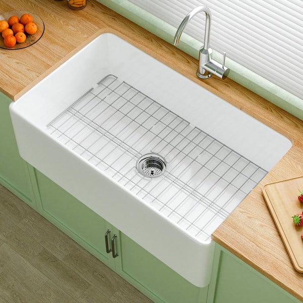 Kuomih Farmhouse Sink 33 in. Single Bowl Gloss White Fireclay Kitchen Sink Apron Sink with Strainer and Bottom Grid Barn Sink