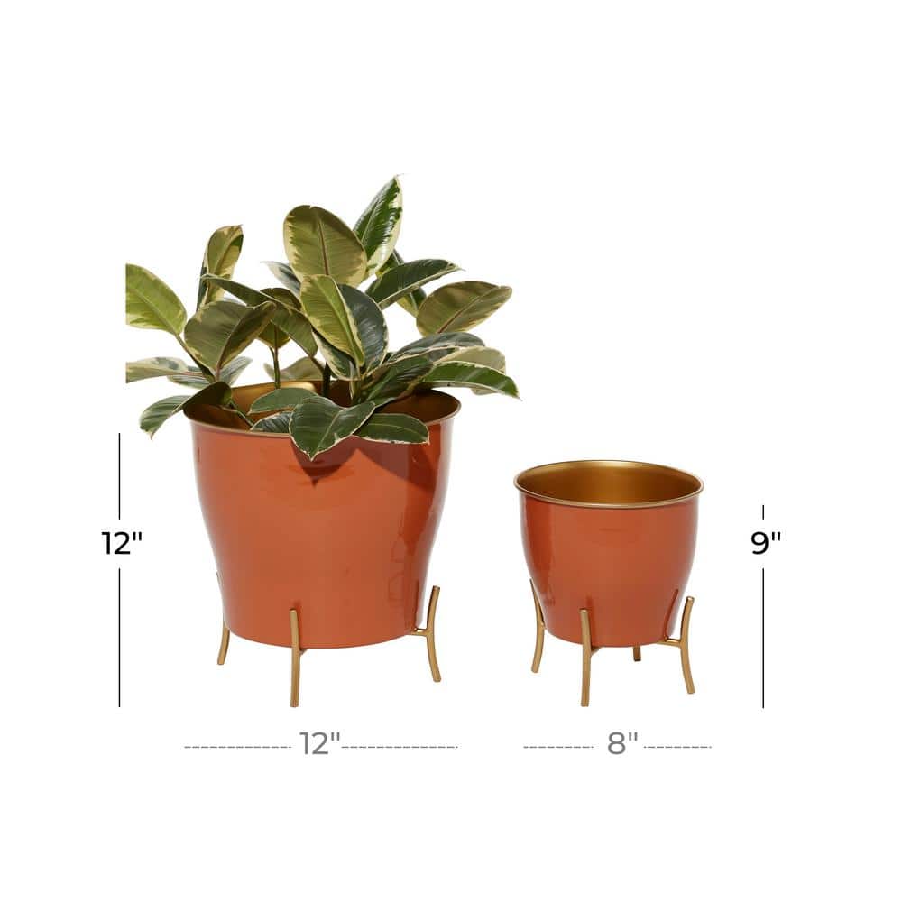Novogratz Burnt Orange Iron Round Planters with Gold Stands, Set of 2
