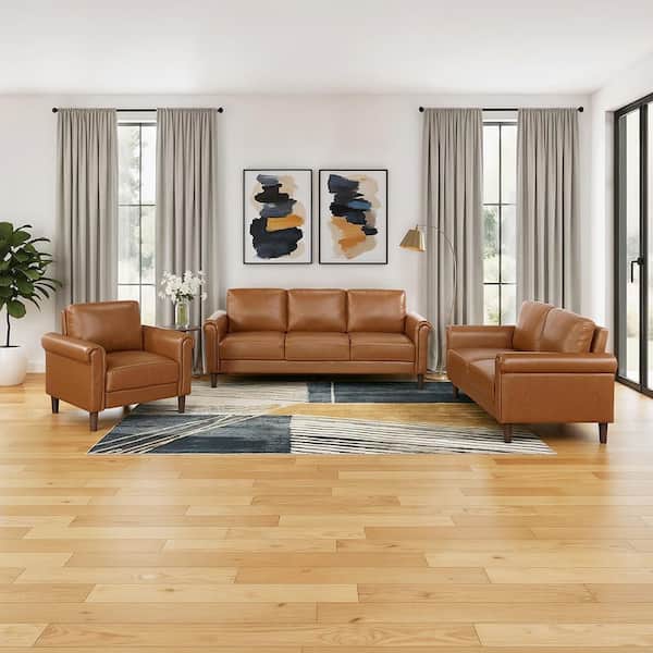 Walterboro 79 in. W Rolled Arm Faux Leather Rectangle 3-Piece Living Room Sofa Set in Brown