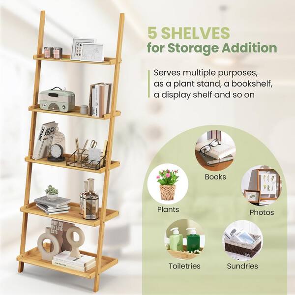 Costway 72 in. Tall Natural Bamboo 5-Shelf Ladder Shelf Wall