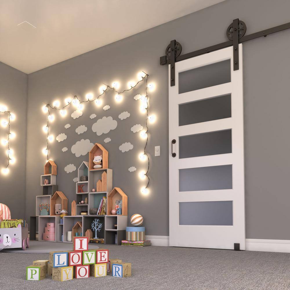 96-inch White Prefinished Solid Wood Core Barn Door with Frosted Glass