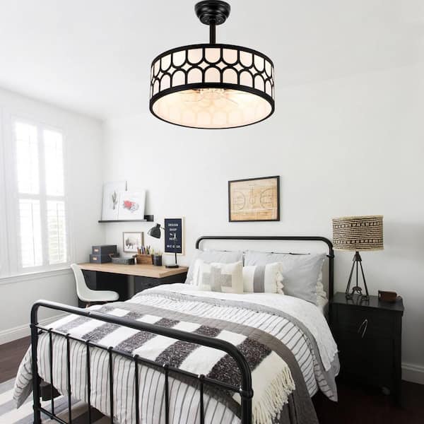 Alaba 20 in. Indoor Matte Black Fandelier Downrod Ceiling Fan with Light,Farmhouse Ceiling Fan W/Remote and Fabric Shade