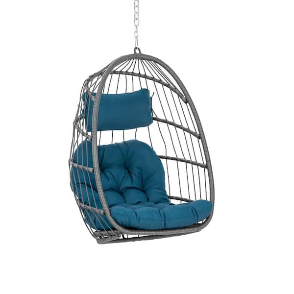 Brafab 3.44 ft. Wicker Patio Outdoor Hanging Egg Chair Hammock with Teal Blue Cushions