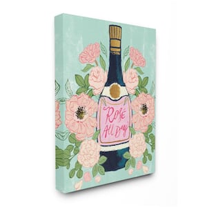 "Rose All Day Phrase Floral Wine Bottle Pink Green" by Joy Ting Unframed Drink Canvas Wall Art Print 16 in. x 20 in.