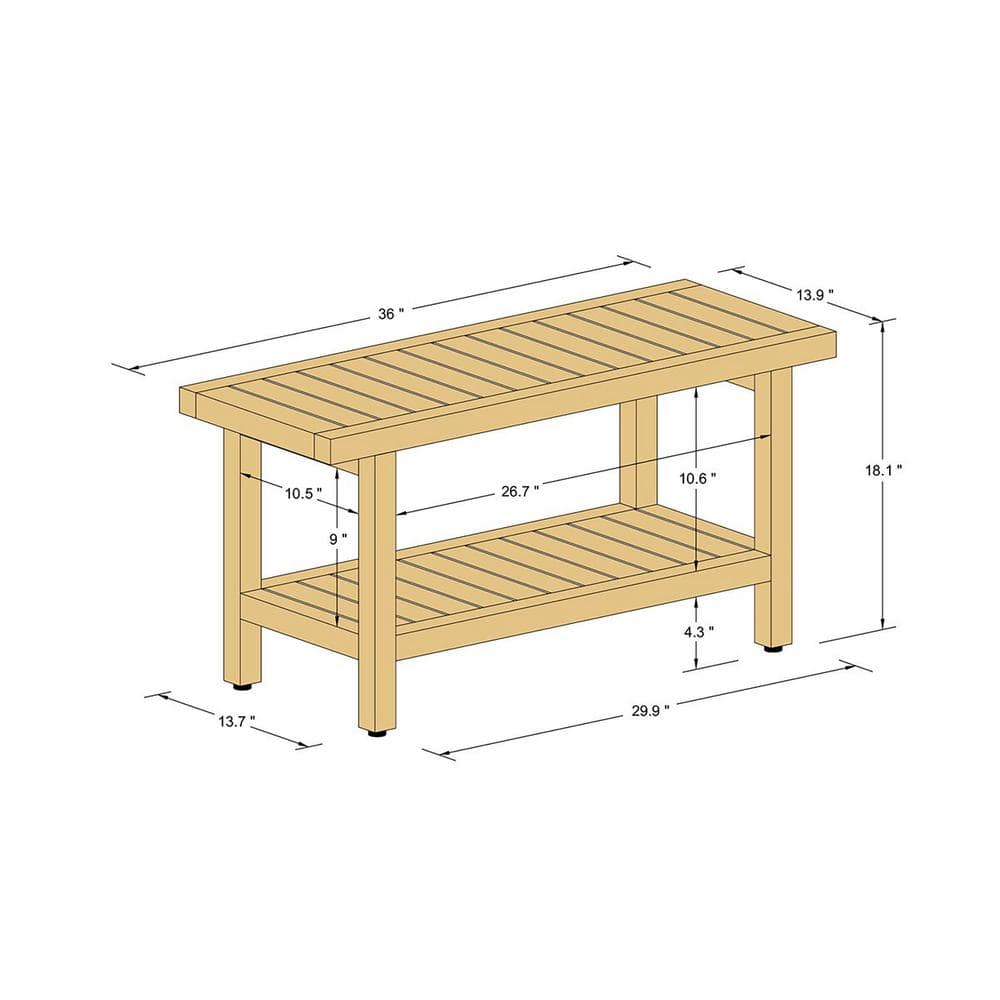 36" Natural Teak Wood Spa Shower Bench with Shelf
