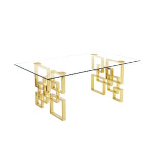 Dominga Clear Glass Top 40" Gold Double Pedestal Base Dining Table Seating 4.