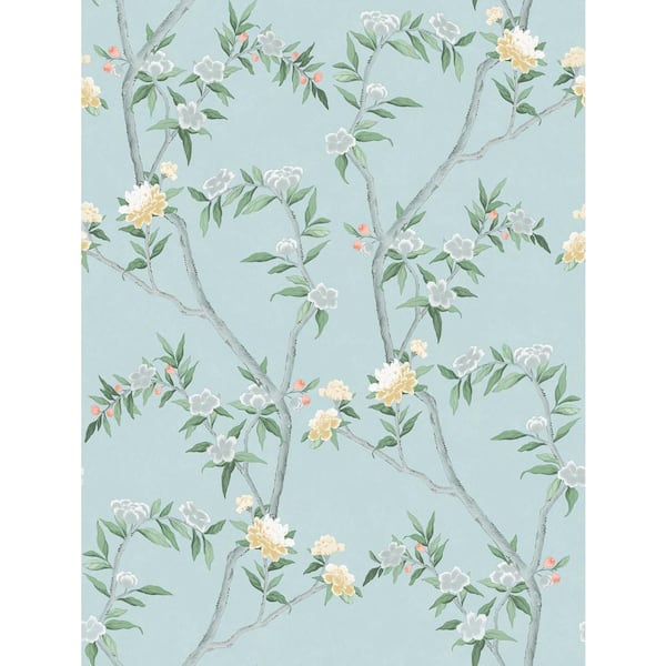 Unbranded Spring Blossom Collection Chinoiserie Floral Vine Blue Matte Finish Non-Pasted Non-Woven Paper Wallpaper Sample