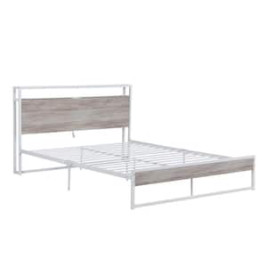 62.00 in.W White Metal Frame Queen Platform Bed with Sockets, USB Ports and Slat Support