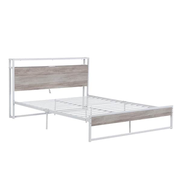 Polibi 62.00 in.W White Metal Frame Queen Platform Bed with Sockets, USB Ports and Slat Support