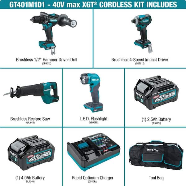 40V Max XGT Brushless Cordless 4-Piece Combo Kit (Hammer Driver-Drill/Impact Driver/Recip Saw/Flashlight) 2.5Ah/4.0Ah