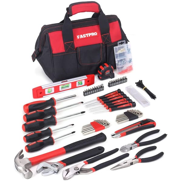 215-Piece Red Heat-Treated Home Repairing Tool Set with 12 in. Wide Mouth Open Storage Bag, Household Hand Tool Kit