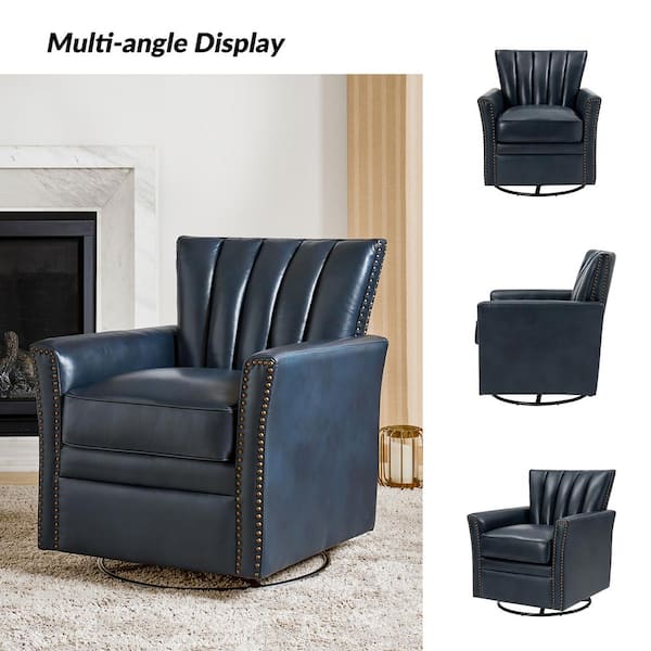 JAYDEN CREATION Adela Navy Genuine Leather Swivel Rocking Chair