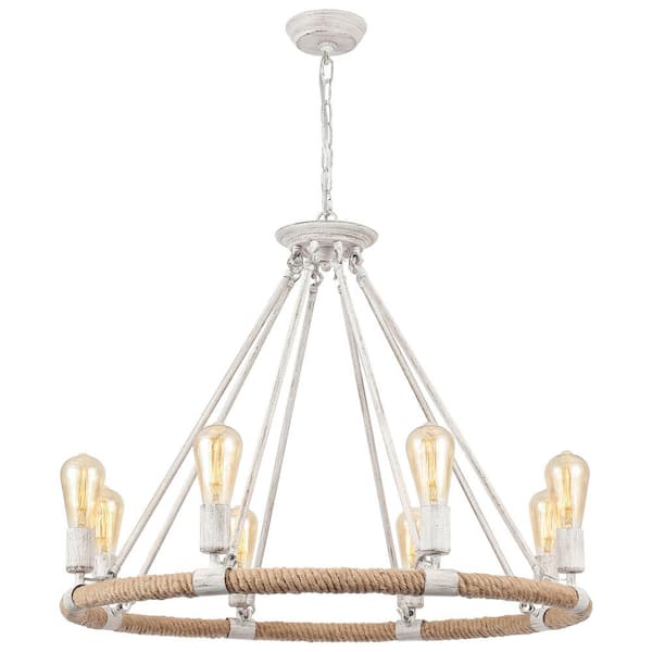 8-Light Beige Gray Antique Textured Modern Farmhouse Hemp Rope Wagon Wheel Chandelier