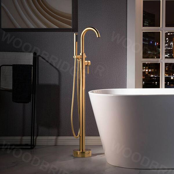 Woodbridge Derby Single Handle Freestanding Floor Mount Tub Filler Faucet With Hand Shower In Brushed Glod F1051 The Home Depot