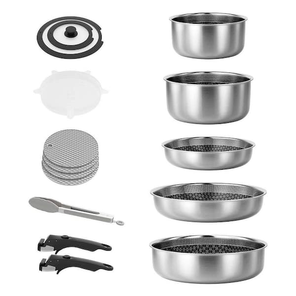 5-Piece Stackable Nonstick Stainless Steel Cookware Set with Removable Handles Induction and Dishwasher Safe
