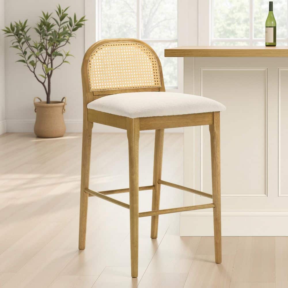 Lucio 38.75 in. H Wood Bar Height Bar Stool in Amber Glow Finish with White Boucle Fabric Upholstered Seat-Set of 2 price history on PriceWatchPro