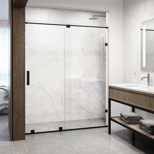 VIGO Ryland 58 in. x 60 in. x 73 in. Frameless Sliding Shower Door in Matte Black with Clear Glass