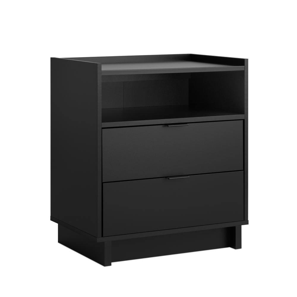 Simple Black 2 Drawer Modern Nightstand with Open Shelf