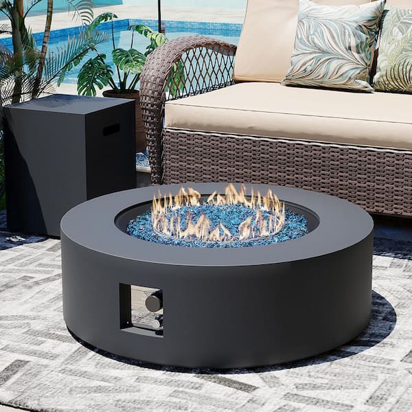 42 in. Round Iron Outdoor Fire Pit Table with Tank Cover, Lid and Rain Cover in Dark Gray