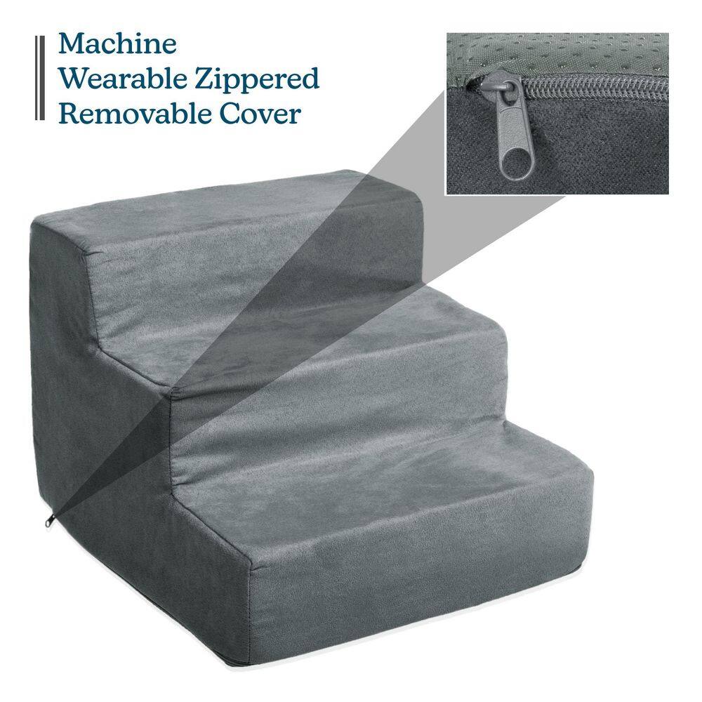 Gray 3-Step Foam Pet Stairs with Microfiber Cover