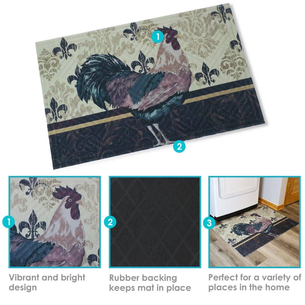 Farmhouse Brown Rooster Rubber and Polyester Kitchen Floor Mat