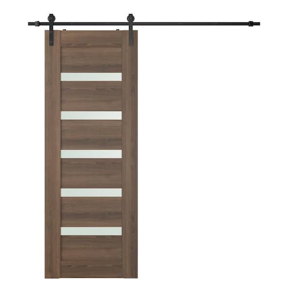 Vona 07-04 28 in. x 84 in. 5-Lite Frosted Glass Pecan Nutwood Wood Composite Sliding Barn Door with Hardware Kit