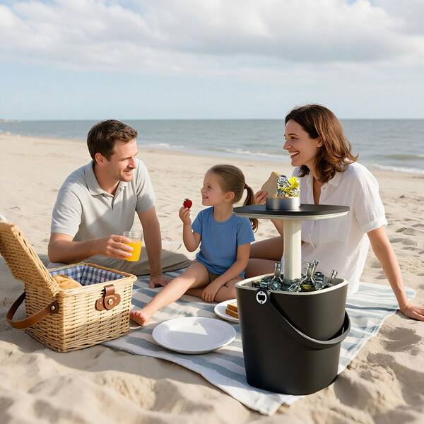 15-Can Black Multifunctional Outdoor Side Table with Snack Tray