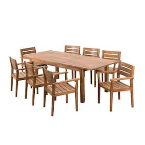 Teak Brown 9-Piece Wood Rectangular Outdoor Dining Set