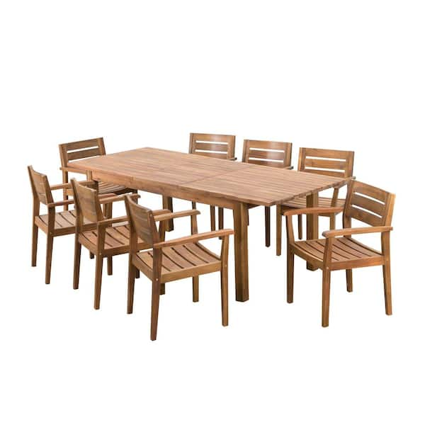 Noble House Teak Brown 9-Piece Wood Rectangular Outdoor Patio Dining Set