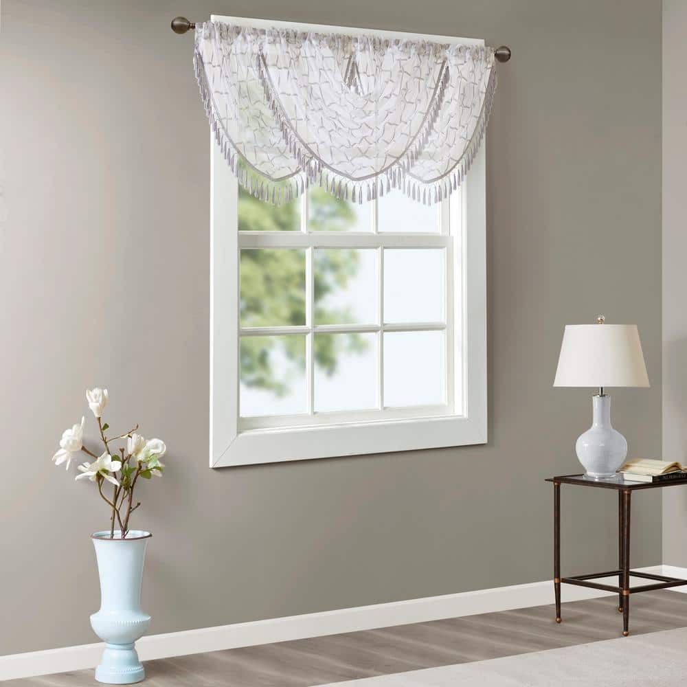Sill Length White/Grey Embroidered Sheer Waterfall Valance