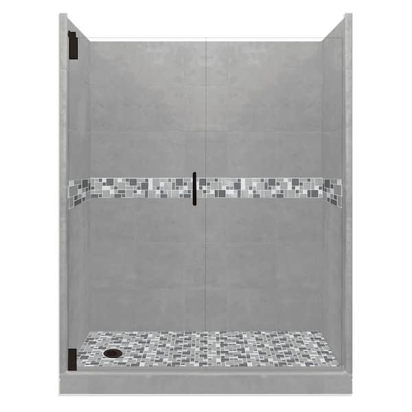 American Bath Factory Newport Grand Hinged 30 in. x 60 in. x 80 in. Left Drain Alcove Shower Kit in Wet Cement and Black Pipe Hardware