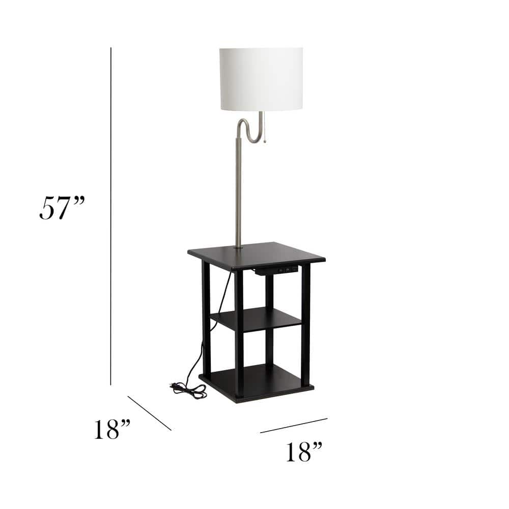57" Black Modern 2-Tier End Table Floor Lamp with USB Ports