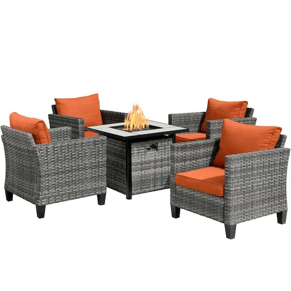 New Vultros Gray 5-Piece Wicker Patio Fire Pit Conversation Seating Set with Orange Red Cushions