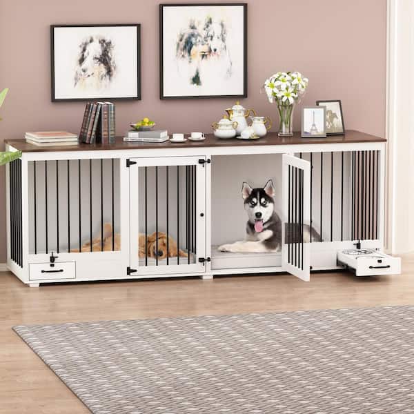 WIAWG Upgrade Large Dog Crate with Dog Feeding Area, Large Furniture Style Dog Crate with Removable Irons for 2 Medium Dogs