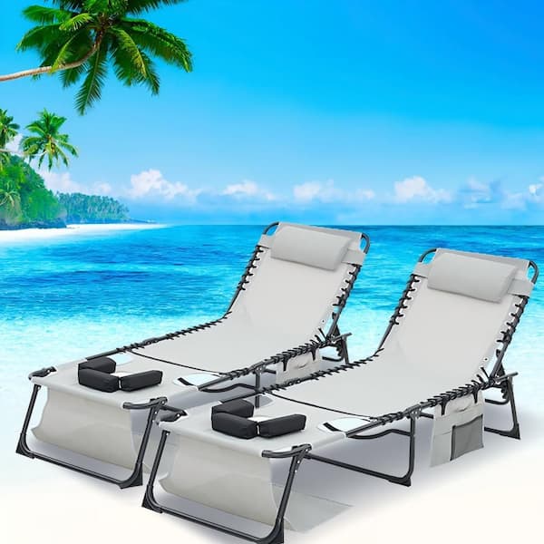 Outdoor 2-Piece Grey Metal Folding Chaise Lounge, 5-Position Adjustable Sunbathing Portable Chair w/ Face and Arm Holes