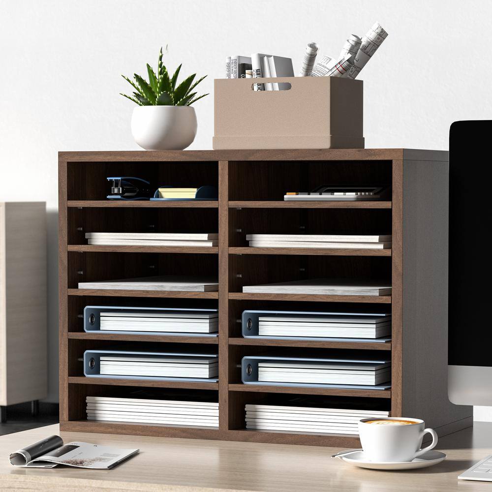 Rustic Brown 12-Compartment Wooden Desk Literature Organizer