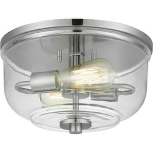 Knollwood 12 in. 2-Light Brushed Nickel Round Flush Mount, Industrial Ceiling Light with Clear Glass Shade