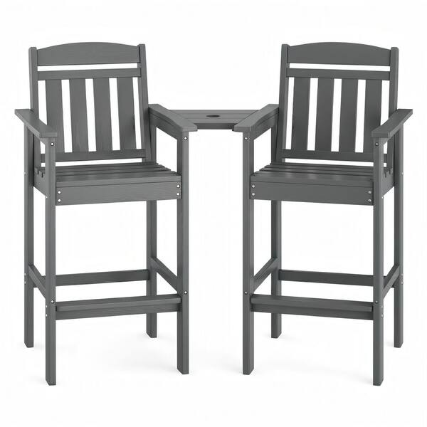 Gray HDPE Tall Plastic Adirondack Chairs with Connecting Tray for Balcony, Poolside, Backyard (2-Pack)