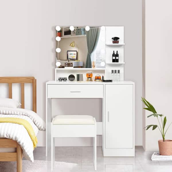 Karl home White Makeup Vanity Set With Adjustable LED Lighting, Cushloned Stool, And Spaclous Storage