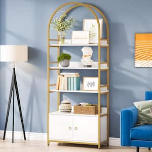 Earlimart 31.4 in Wide Gold White 4 Shelf Etagere Bookcase with Cabinet Door
