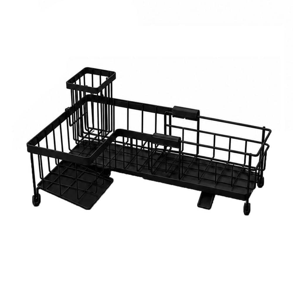 Black Metal Sink Caddy for Kitchen with Extendable L Shaped Corner Storage and Detachable Brush Holder