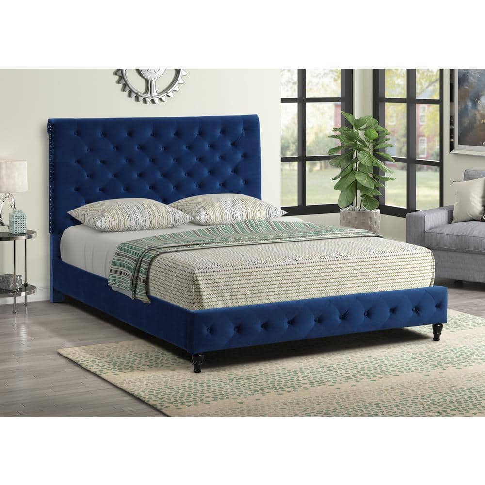 Royal Blue Velvet Tufted King Platform Bed with Nailhead Trim