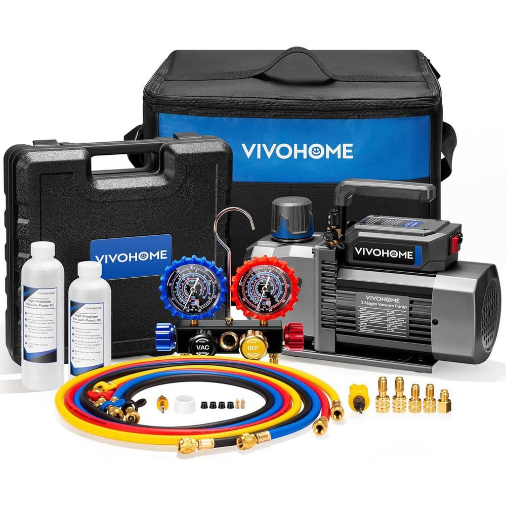 3/4 HP 7.2 CFM 2-Stage HVAC Vacuum Pump and 4-Way Manifold Gauge Set with 5 ft. Hoses, Sparkless Motor price history on PriceWatchPro