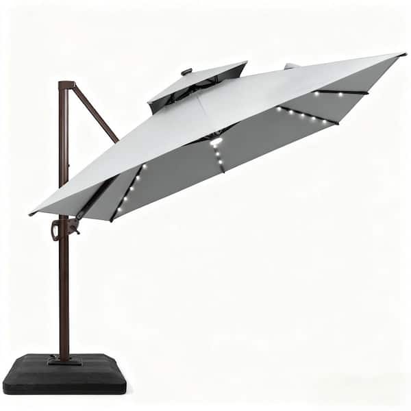 Pellebant 9 x 11 ft. Rectangular Aluminium 360° Rotation Offset Cantilever Tilt Patio Umbrella with LED Light in Light Gray