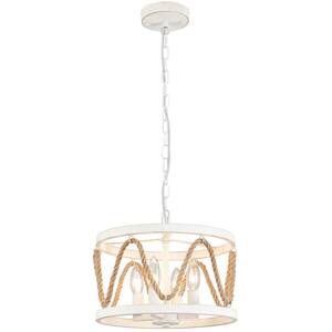 4-Light Distressed White Drum-Shaped Chandelier with Hemp Rope for Kitchen Living Room with No Bulbs Included