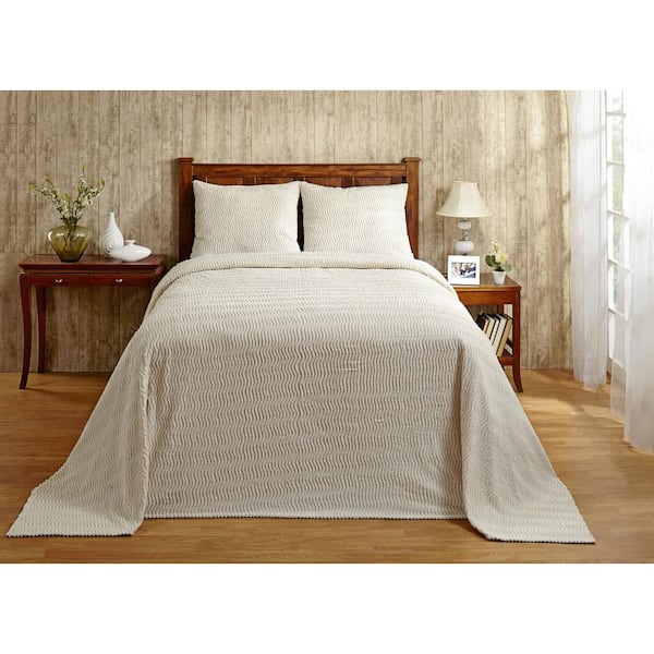 Better Trends Natick Collection in Wavy Channel Stripes Design Ivory Twin 100% Cotton Tufted Chenille Bedspread