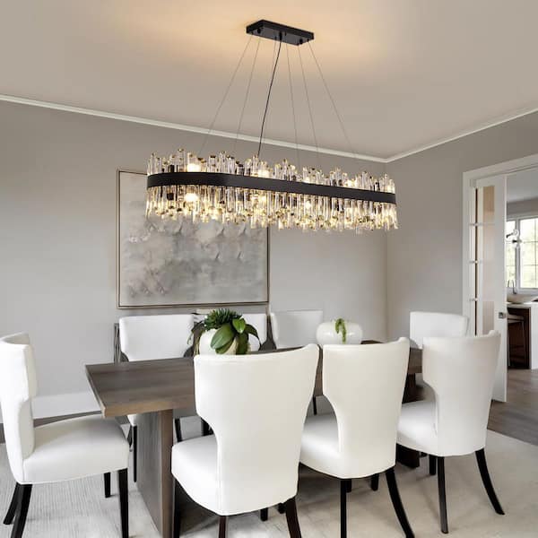 51.2 in. Dimmable 20-Light Crystal Chandelier Modern Black Rectangular Chandelier with Clear Crystal Accents