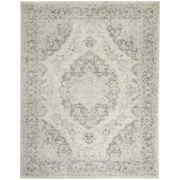 7 ft. x 10 ft. Ivory And Gray Floral Medallion Distressed Area Rug